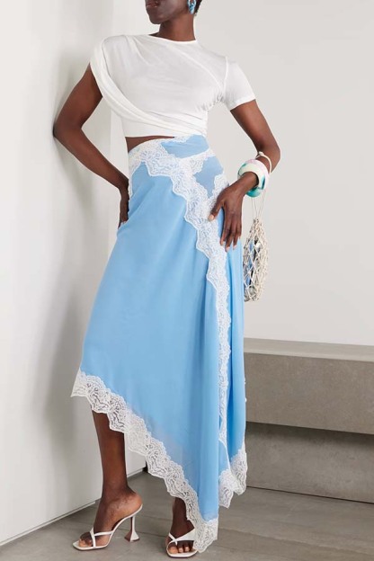 Verve Ribbed Jersey Cutout Waist Asymmetric Satin Lace Hem Maxi Dress-consonak