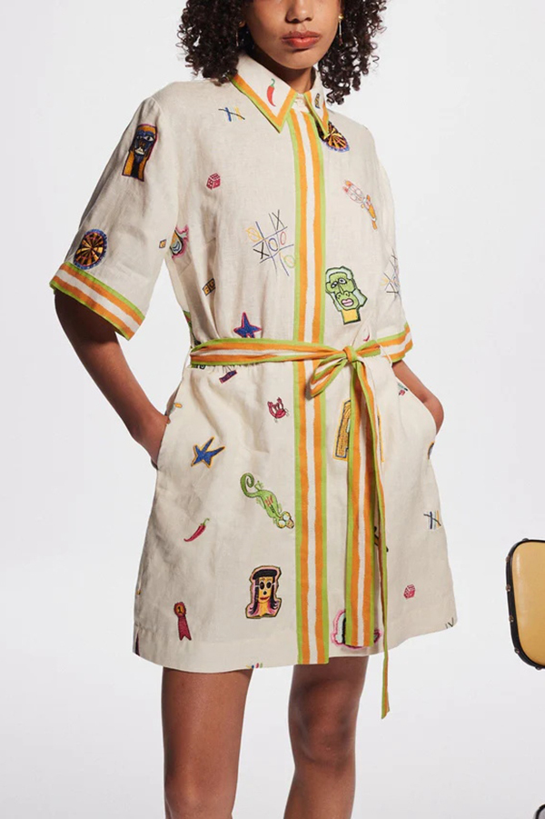 Britt Linen Blend Unique Printed Short Sleeved Pocket Tie Waist Mini Dress-consonak