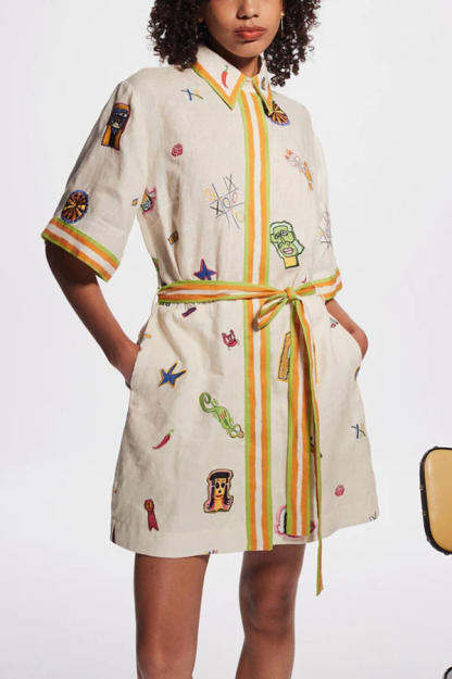 Britt Linen Blend Unique Printed Short Sleeved Pocket Tie Waist Mini Dress-consonak