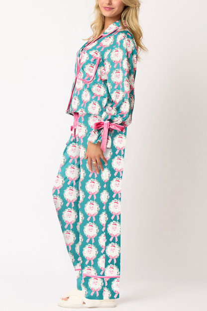 Christmas Printed Velvet Lace-up Long-sleeve Pocket Top and Elastic Waist Wide-leg Pants Set-consonak