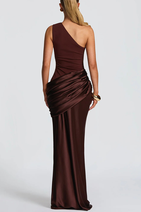 Stylish One-shoulder Sleeveless Satin Draped Slim-fit Maxi Dress-consonak