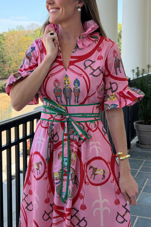 Churchill Social Playful Warhorse Print Stand Neck Ruffle Sleeve Belted Pocket Caftan Midi Dress-Consonak