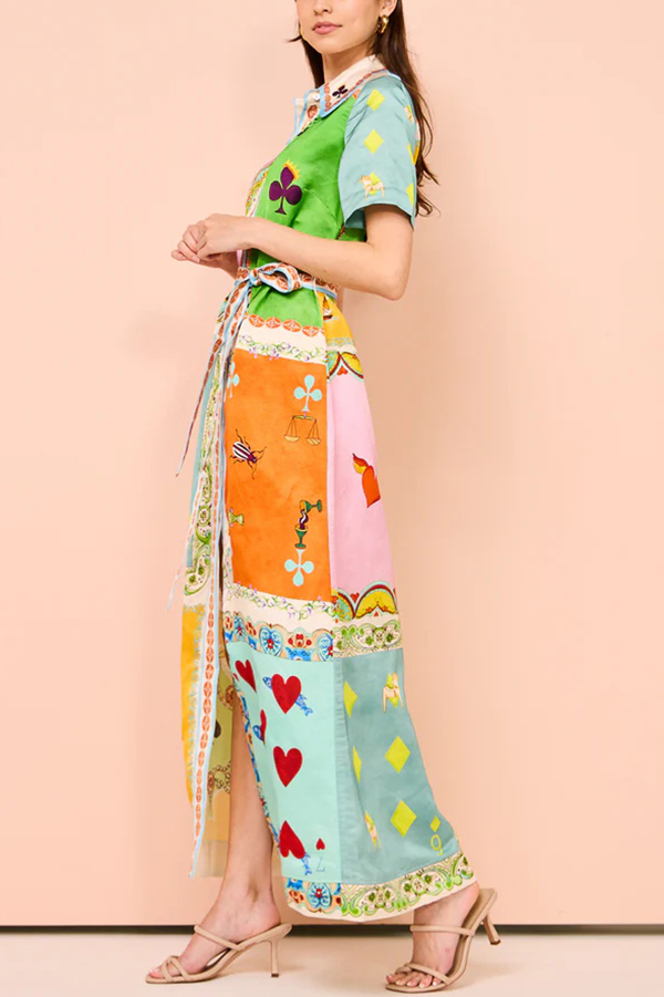 Kiana Linen Blend Unique Print Short Sleeved Tie Waist Shirt Maxi Dress-consonak