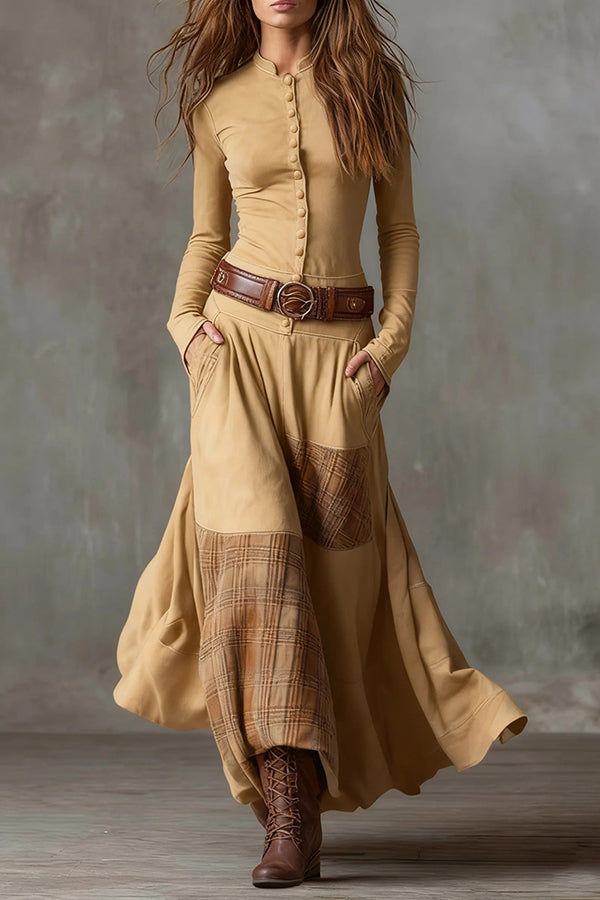 Retro-style Patchwork Single-breasted Long-sleeved Casual Pocket Maxi Dress | Consonak