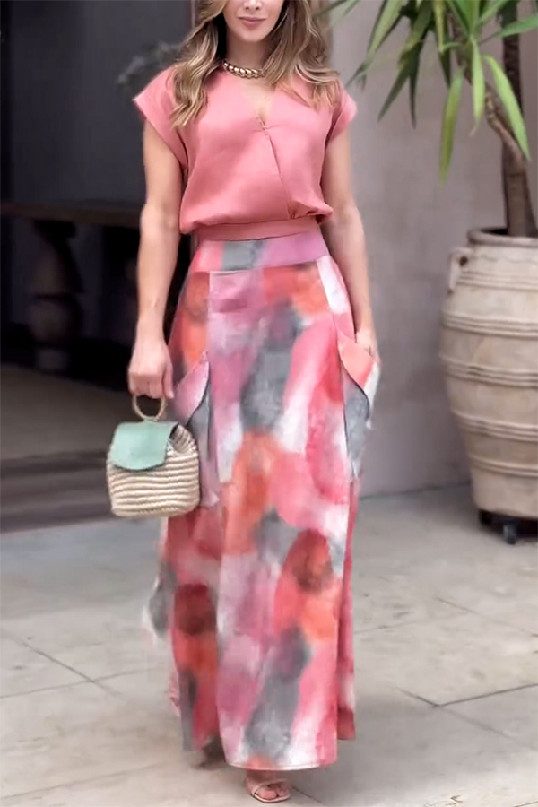 Laylin Wide Sleeve Shirt and Watercolor Print High Waist Drape Pocket Maxi Skirt Set-consonak