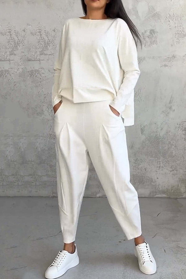Solid Color Crew Neck Long-sleeved Irregular Loose Top and Elastic Waist Pocket Casual Pants Set-consonak