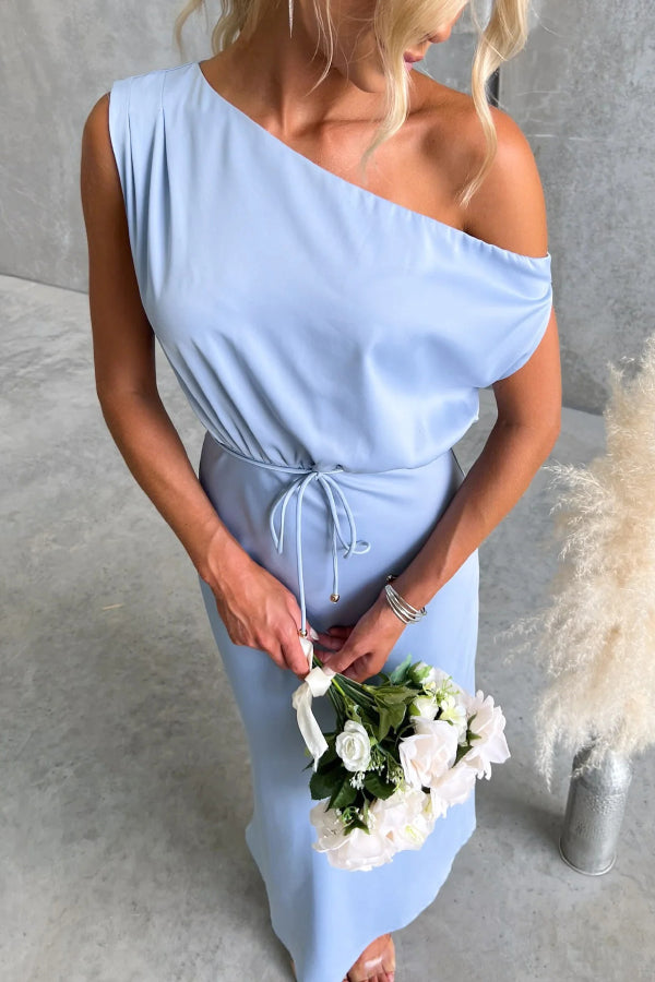 Solid Color One-shoulder Sleeveless Belted Casual Maxi Dress-consonak