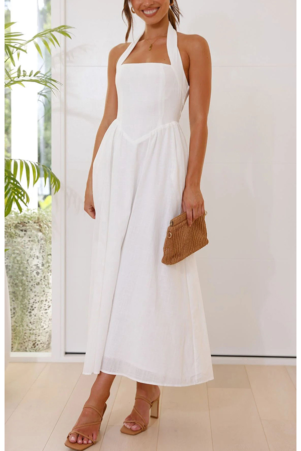 Brunch in Bali Linen Blend Halter Neck Pocketed Maxi Dress-consonak
