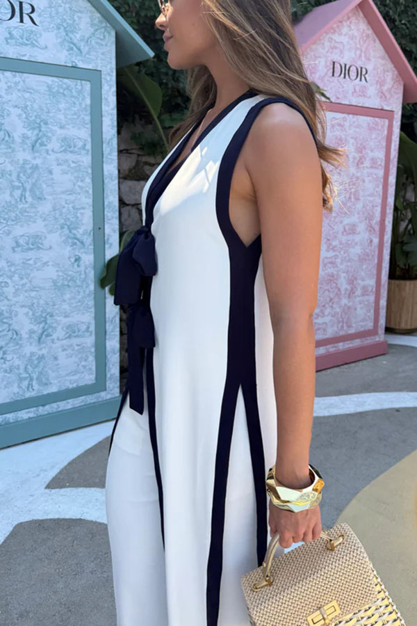 Beach Day Colorblock Bow Detail Slit Midi Top and Elastic Waist Loose Pants Set-consonak