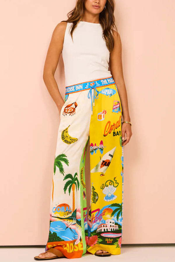 Kissed By The Sun Satin Unique Print Colorblock Elastic Waist Pocketed Wide Leg Pants-consonak