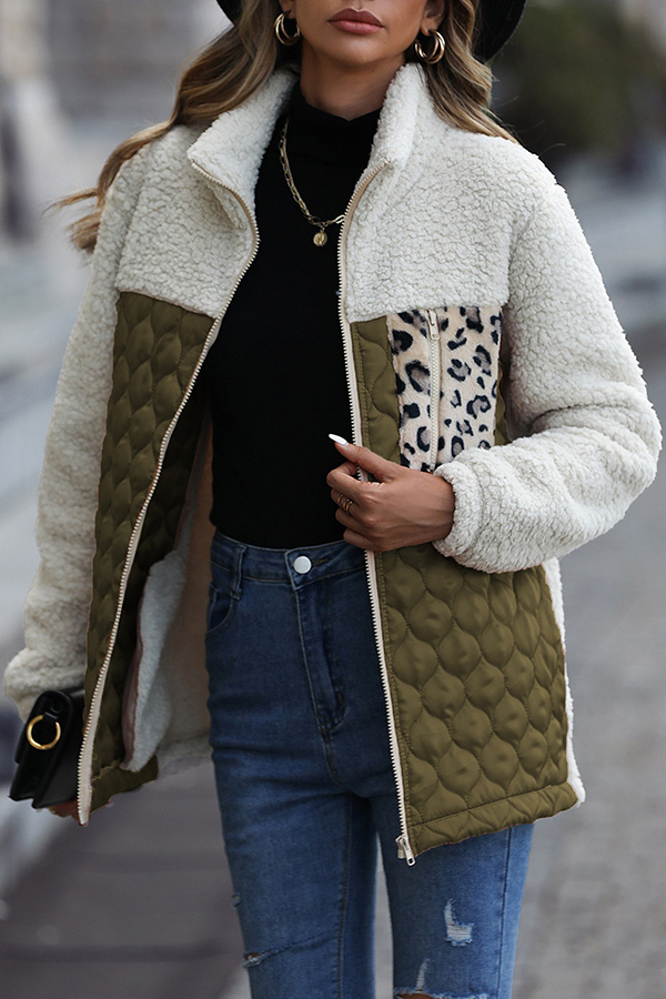 Casual Patchwork Plush Long Sleeve Leopard Print Pocket Loose Zipper Jacket-consonak