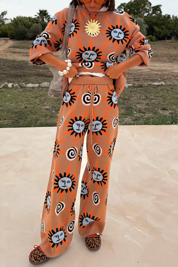 Mediterranean Art Knit Unique Sun Vortex Print Long Sleeve Relaxed Sweater-consonak