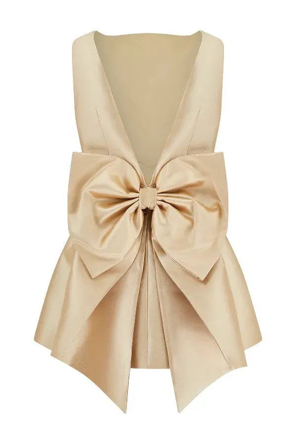 Mini waist cinching sexy satin oversized bow detail square neck mini dress-consonak
