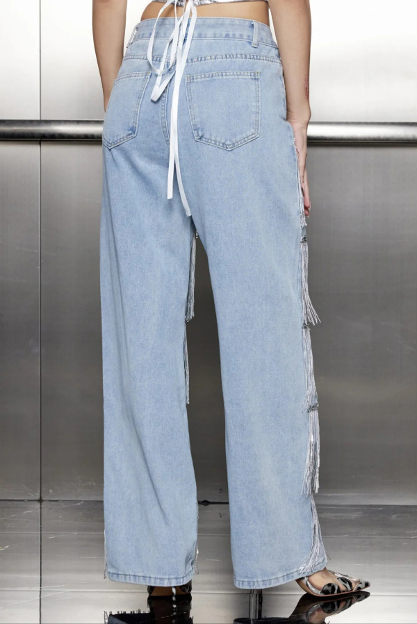 Stylish High-waisted Pocket Tassel Casual Straight Leg Jeans-consonak