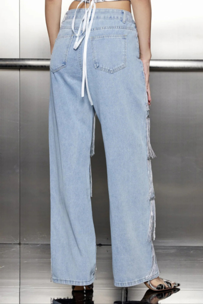 Stylish High-waisted Pocket Tassel Casual Straight Leg Jeans-consonak