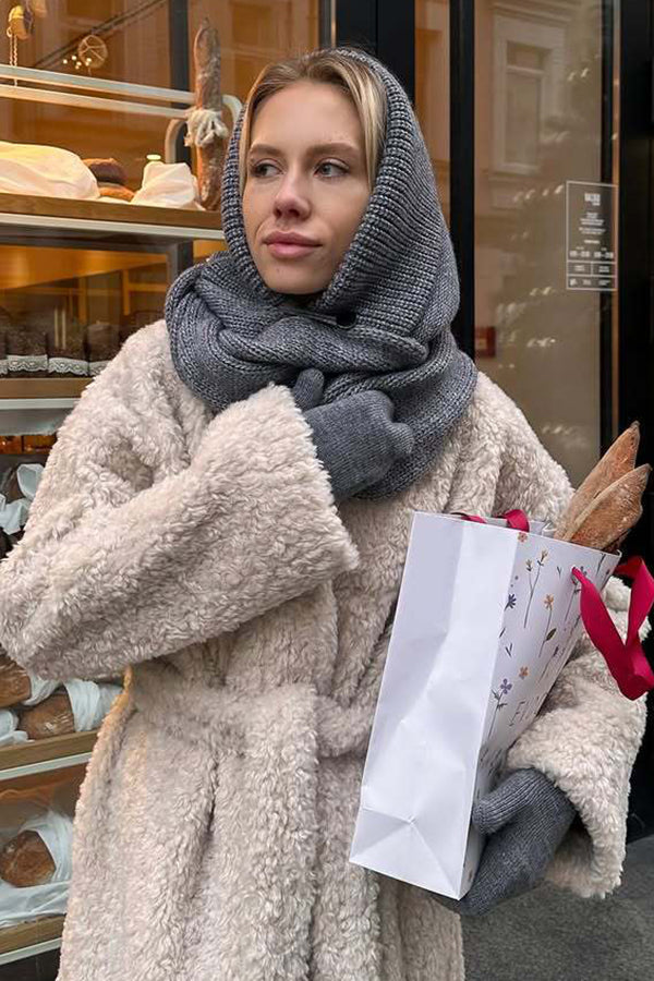 Solid Color Knitted Hooded Scarf and Thick Warm Gloves Two-piece Set-consonak