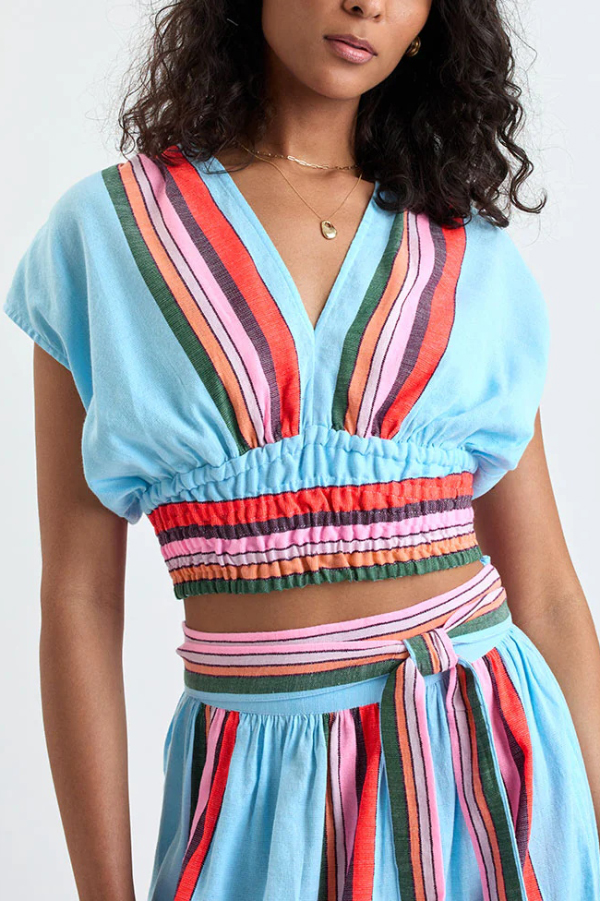 Stylish Striped Print V-neck Cropped Top and Elastic Waist Casual Maxi Skirt Set-consonak