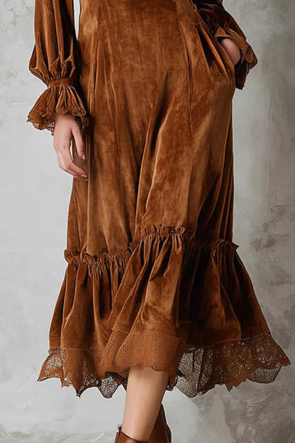 Fashionable Velvet Lace Patchwork V-neck Ruffle Midi Dress-consonak