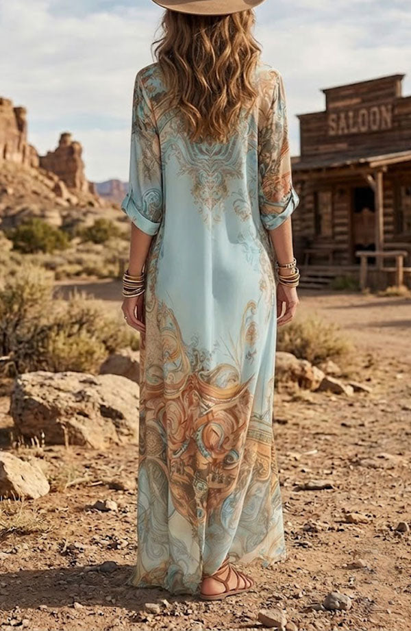 Boho Vintage Art Print Button Down Maxi Shirt Dress-Consonak