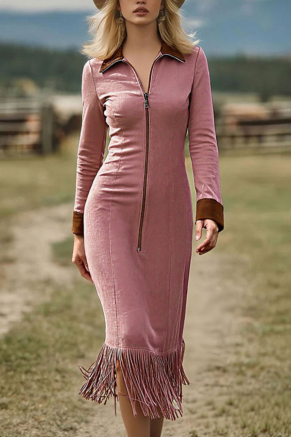 Stylish Suede Zipper Long-sleeved Fringed Hem Slim-fit Midi Dress-consonak