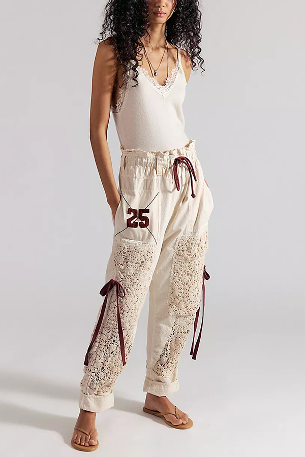 Rockaway Crochet Panels Bow Detail Elastic Waist Pocket Pull-On Craft Pants