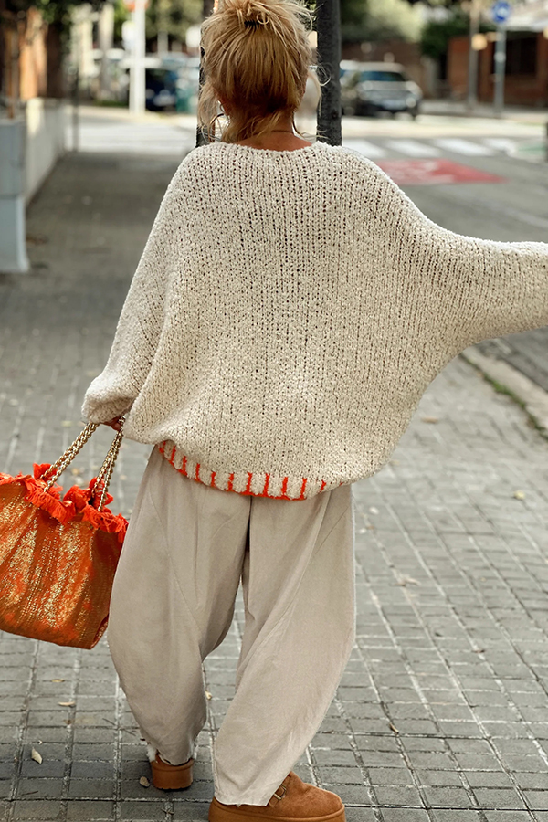Warm Winter Day Texture Knit Star Pattern Contrast Color Loose Sweater-consonak