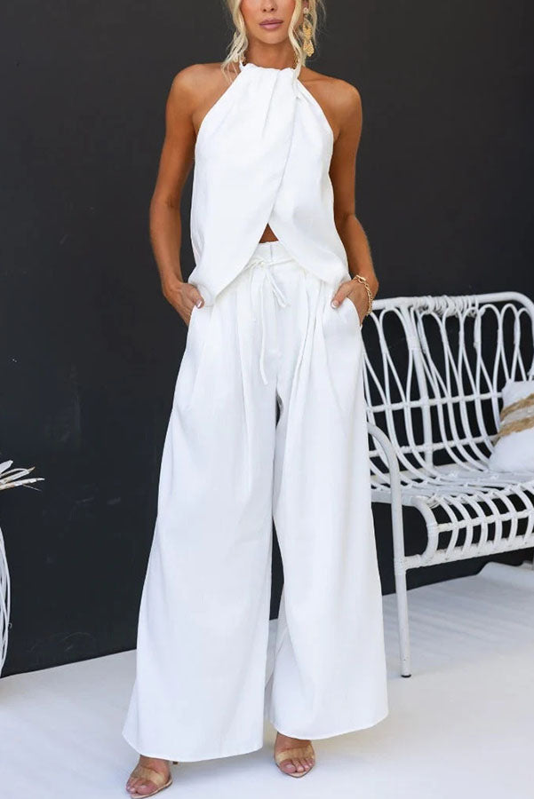 Gette Linen Blend Slit Front Top and High Rise Knoted Pocket Wide Leg Pants Set-consonak