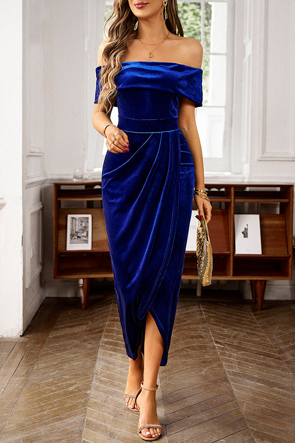Solid Color Velvet Off-shoulder Slim-fit Elegant Slit Midi Dress-consonak