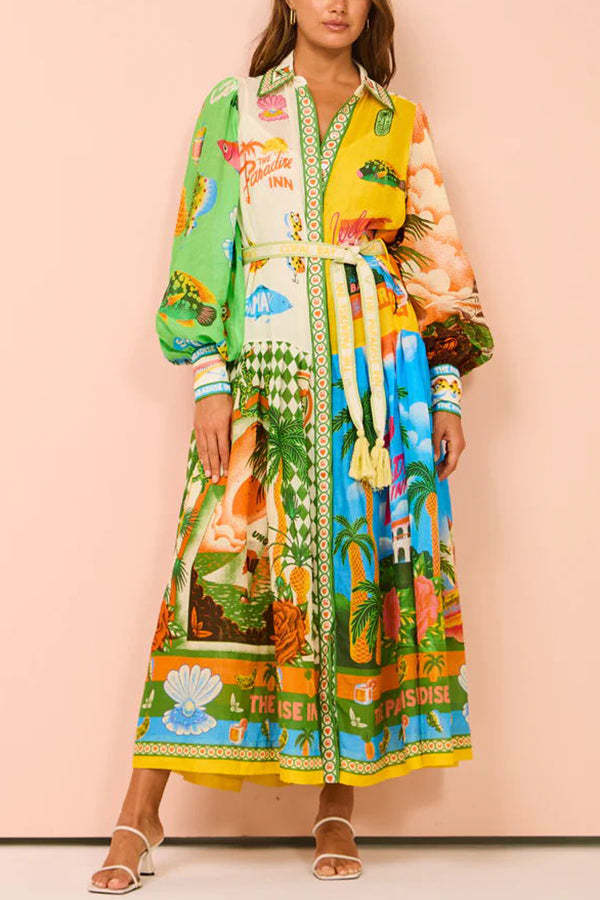 A World of Colour Unique Print Balloon Sleeve Belt Shirt Midi Dress-consonak