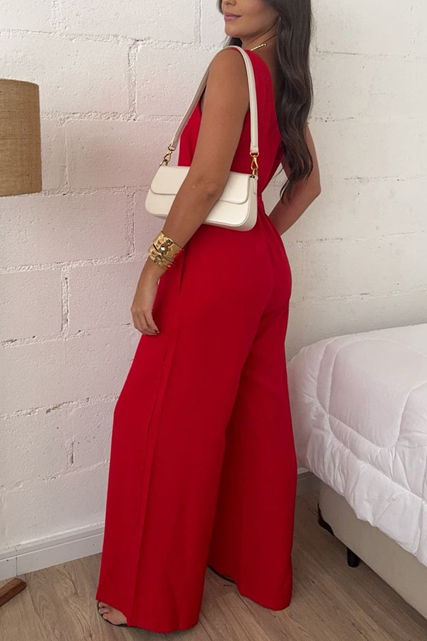 Elaris Linen Blend V-neck Tie-up Waist Pocketed H-line Wide Leg Jumpsuit-consonak