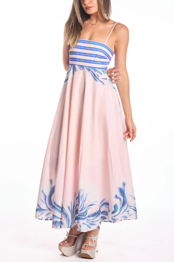 Unique Print Square Neck Spaghetti Strap Back Gathered Maxi Dress