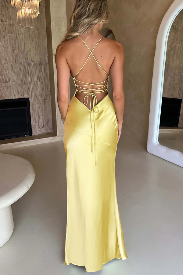 Satin Solid Color Sexy Backless Lace Up High Slit Maxi Dress-consonak