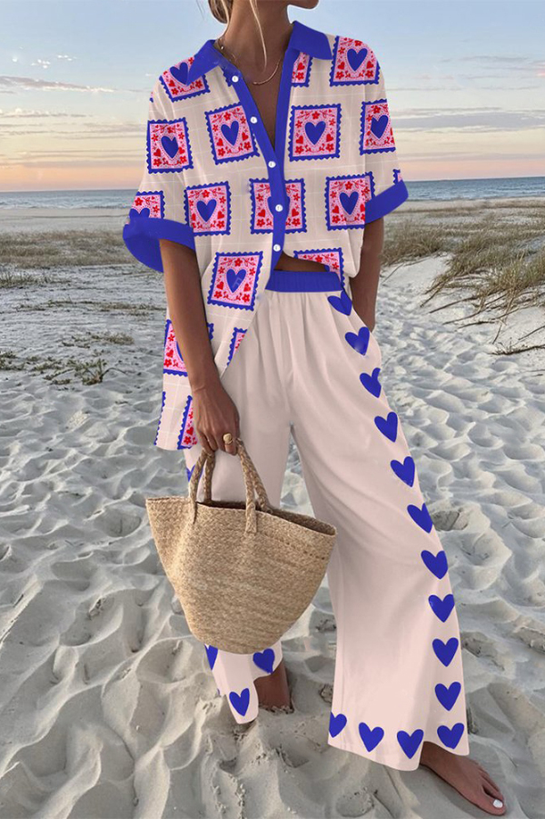 Purple Heart-print Oversized Shirt and Elastic Waist Pocket Pants Set-consonak