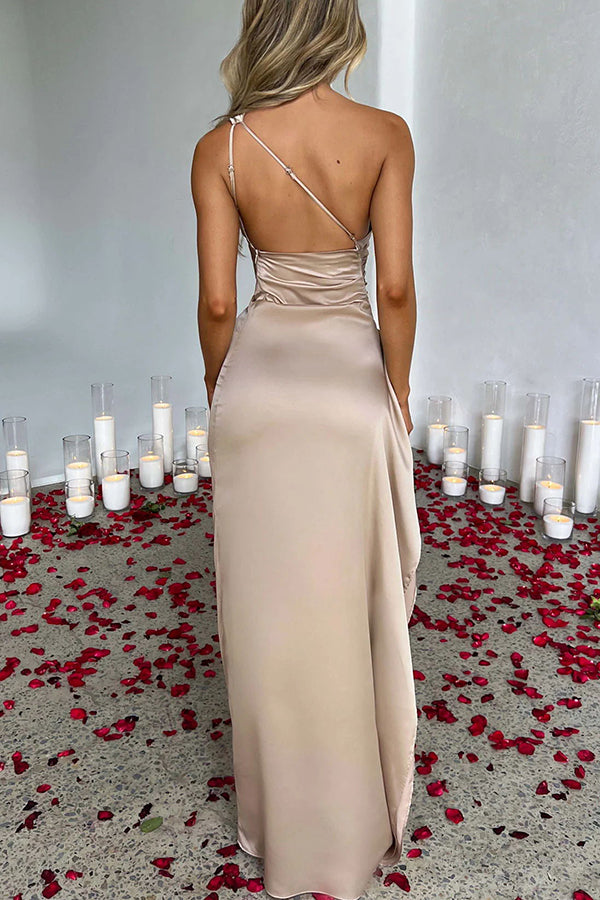 Fits Your Curves Satin One Shoulder Drape Slit Maxi Dress | Consonak