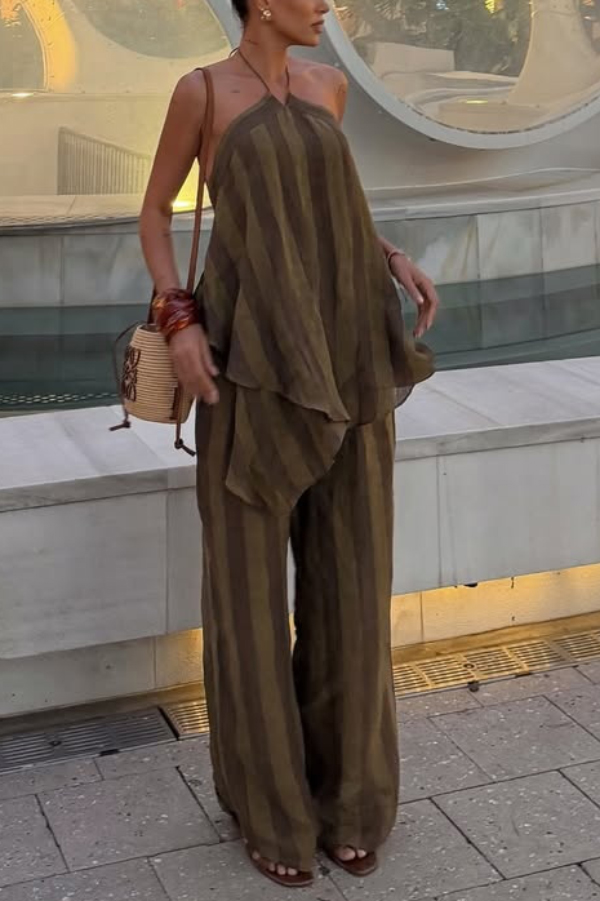 Striped Printed Halter Neck Sleeveless Asymmetrical Top and Elastic Waist Pocket Casual Wide-leg Pants Set