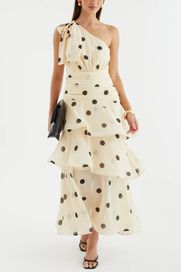 Fashionable Polka Dot Print One-shoulder Sleeveless Layered Mesh Maxi Dress | Consonak