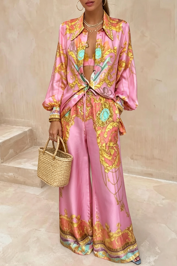 Mermaid Motel Unique Print Long Sleeve Loose Shirt and Elastic Waist Pants Set-Consonak