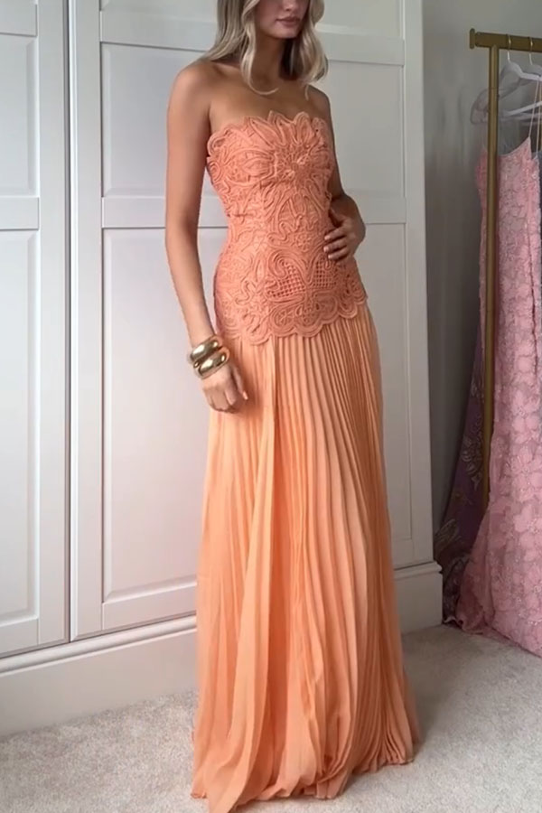 Sun Drifter Abstract Embroidery Cutwork Pleated Chiffon Hem Bandeau Maxi Dress