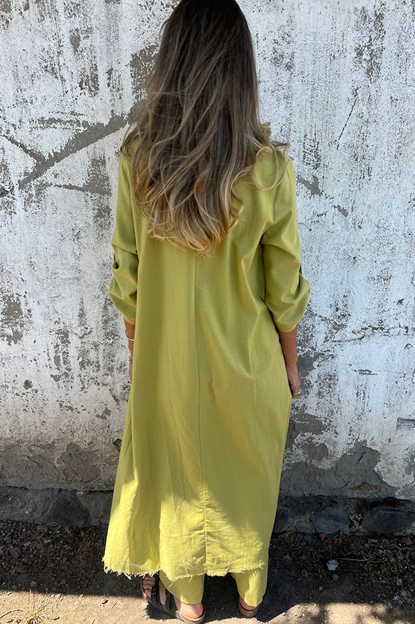 Jamilah Linen Blend Ring Detail Midi Blouse  and Elastic Waist Pocketed Loose Pants Set | Consonak