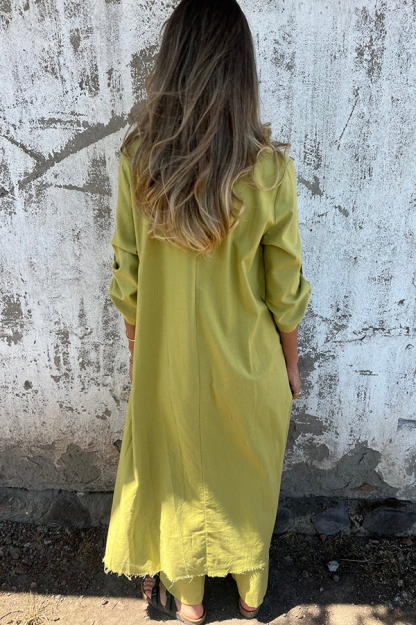 Jamilah Linen Blend Ring Detail Midi Blouse  and Elastic Waist Pocketed Loose Pants Set-consonak