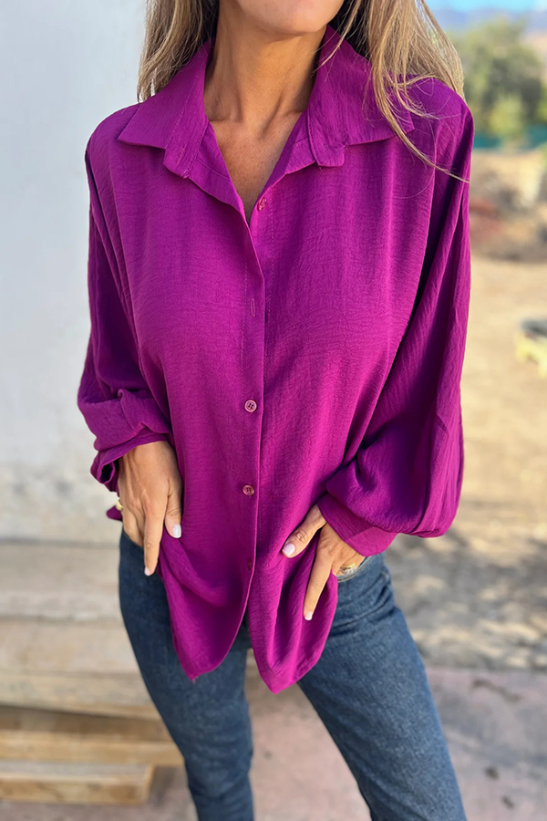 Solid Color Loose Batwing Sleeve Buttoned Casual Shirt-consonak