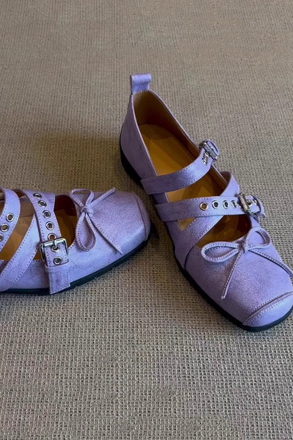 Bow Cross Strap Square Toe Ballet Flats-consonak