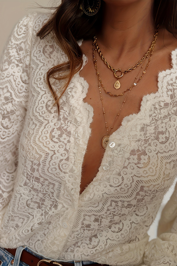 Fashionable Openwork Lace Long-sleeved V-neck Elegant Shirt | Consonak