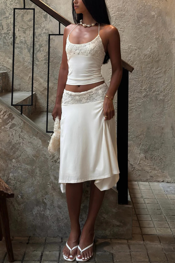Solid Color Patchwork Lace Halter Neck Fitted Top and Elegant Knee-length Skirt Set | Consonak
