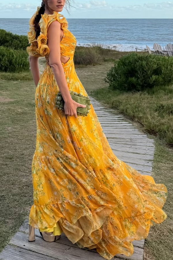 Delicate Garden Chiffon Floral Print Tiered Ruffle Cutout Back Lace-up Gown Maxi Dress