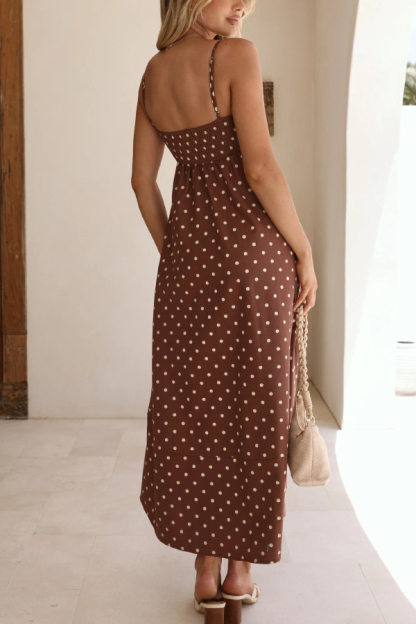 Polka Dot Print Square Neck Suspender Casual Pocket Maxi Dress