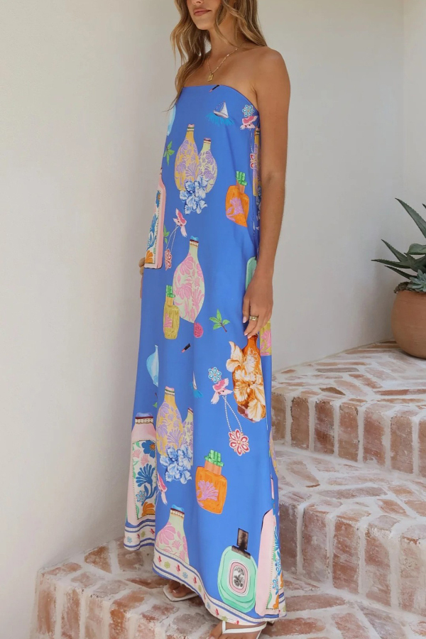 Linen Blend Perfume Bottle Print Sleeveless Off-shoulder Casual Pocket Vacation Maxi Dress