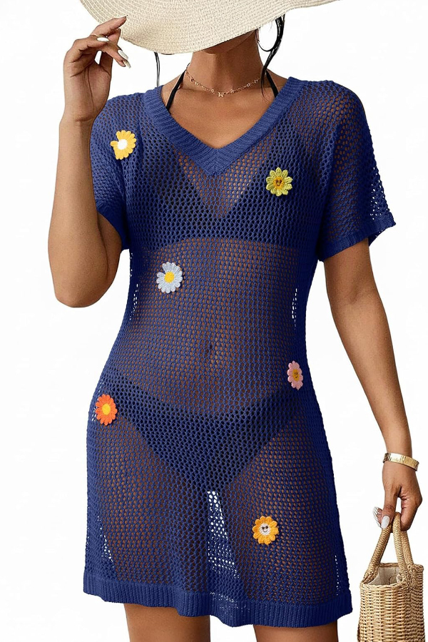 Floral-decorated V-neck Short-sleeved Crochet Cover-up Vacation Mini Dress-consonak