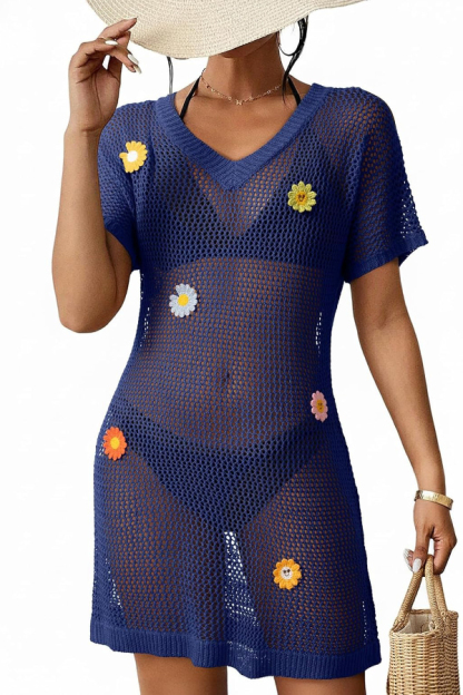 Floral-decorated V-neck Short-sleeved Crochet Cover-up Vacation Mini Dress-consonak
