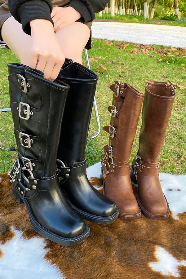 Vintage Belt Buckle Chunky Heeled Long Biker Boots-consonak